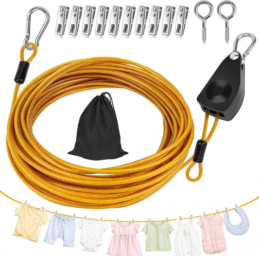 Windspeed 50Ft Colors Retractable Clothesline Outdoor Kit for Metal Carabiner Nylon Coating WireHook Ropes Coated Wire Rope Portable Retractable Clothes Line Kit for Indoor,Outdoor,Travle