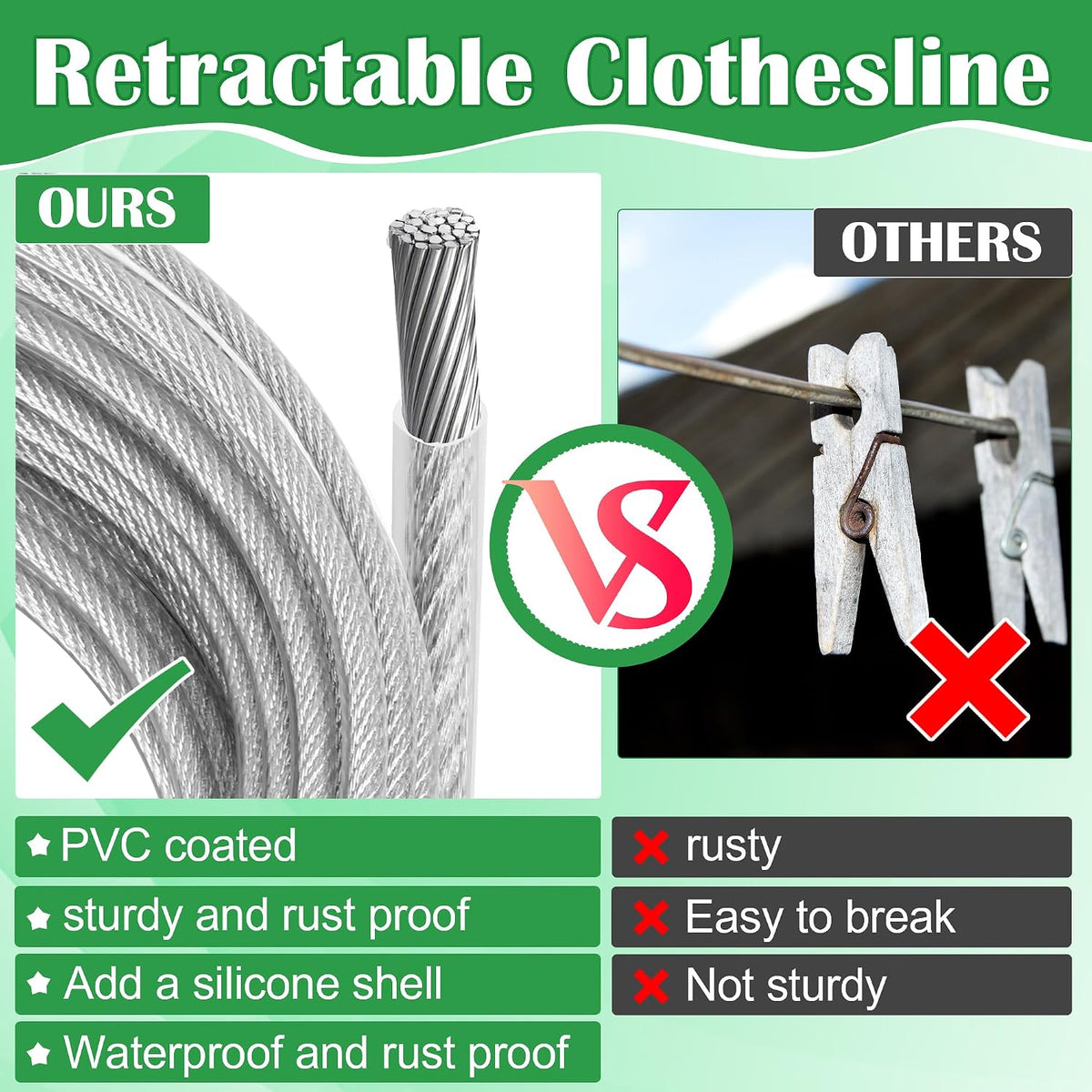 Windspeed Retractable Clothesline Outdoor Heavy Duty Travel Clothesline Retractable Clothes Line for Outside Travel Camping Cloth Line, Galvanized Steel Material, and 10 Clips, Storage Bag