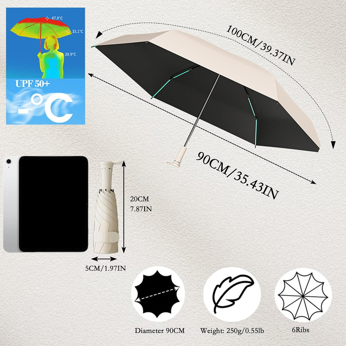 Mini Folding Travel Umbrella with Built-in Hidden Telescoping Handle,Teflon Coating, UPF 50+,UV Protection,Compact Lightweight Portable,6 Ribs Design,Small,Sun/Rain,Women/ Kids/Girls,Backpack Car