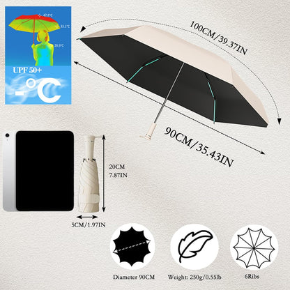 Mini Folding Travel Umbrella with Built-in Hidden Telescoping Handle,Teflon Coating, UPF 50+,UV Protection,Compact Lightweight Portable,6 Ribs Design,Small,Sun/Rain,Women/ Kids/Girls,Backpack Car