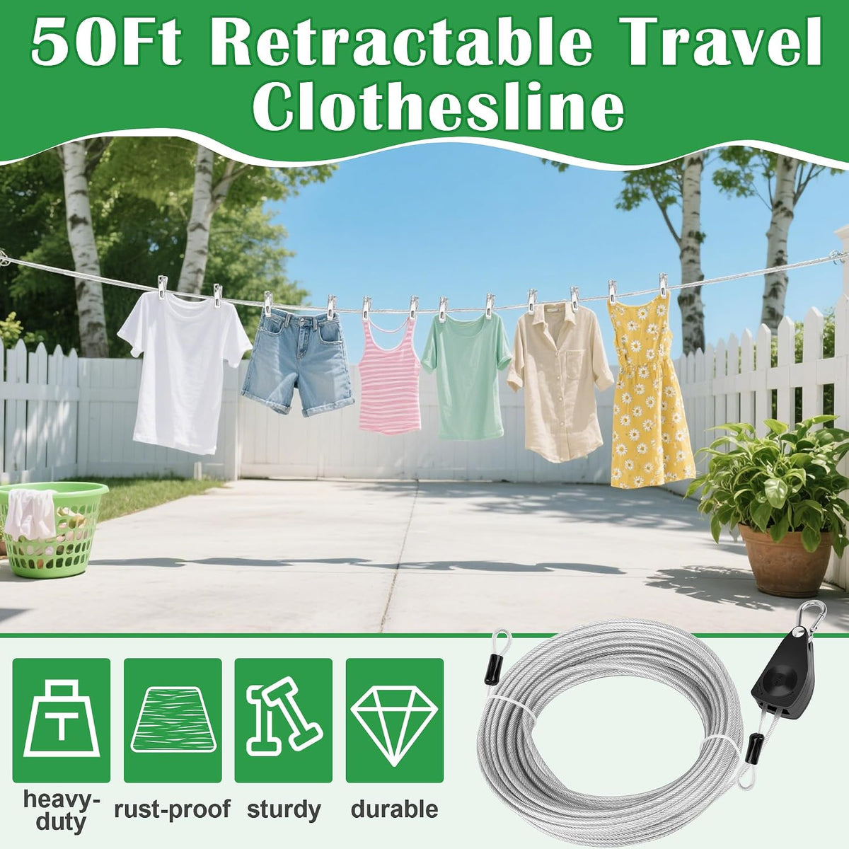 Windspeed Retractable Clothesline Outdoor Heavy Duty Travel Clothesline Retractable Clothes Line for Outside Travel Camping Cloth Line, Galvanized Steel Material, and 10 Clips, Storage Bag