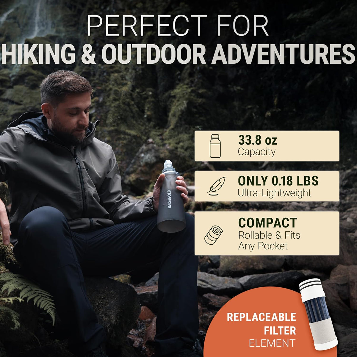 Bachgold Squeeze Filtered Water Bottle, Collapsible Portable Camping Filter