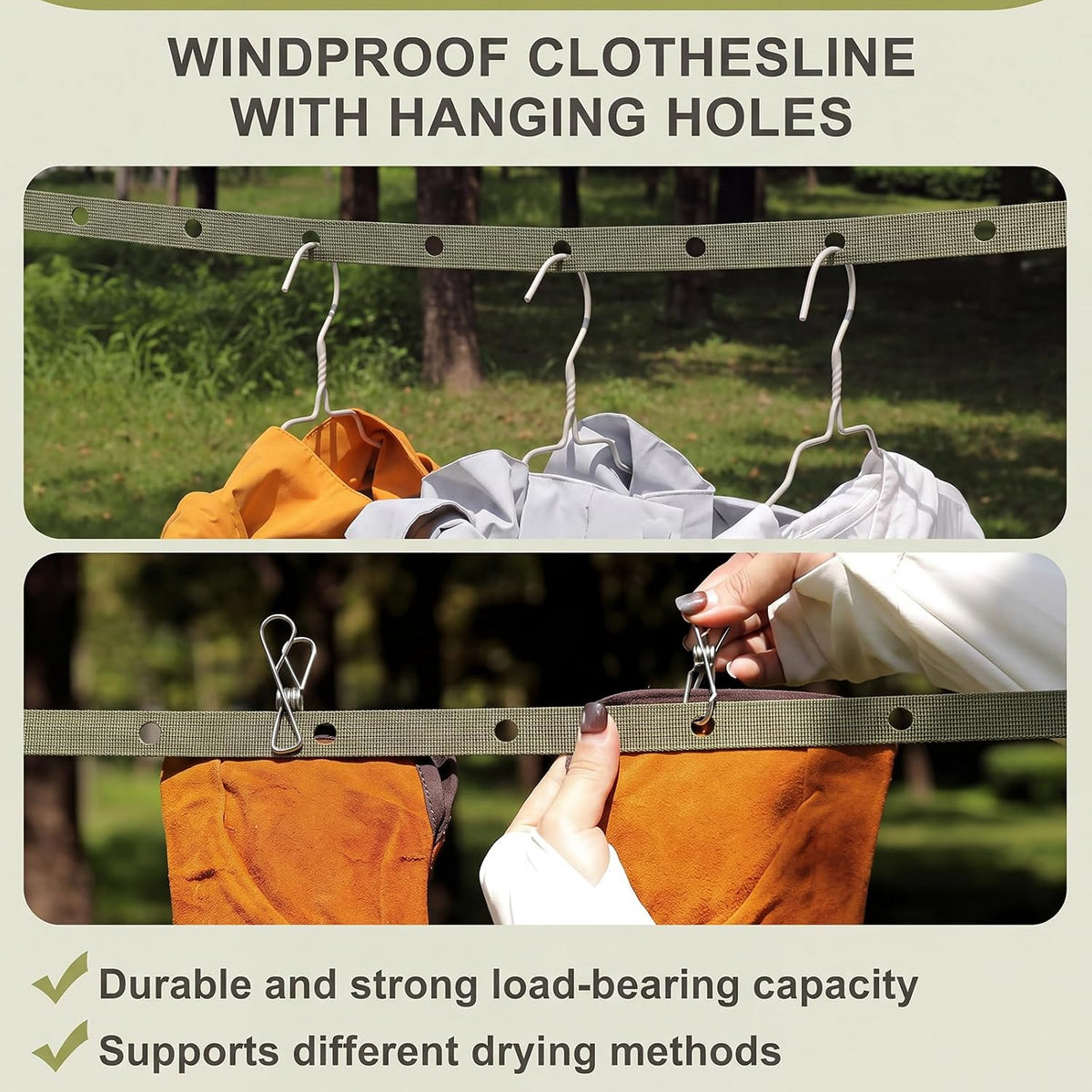 3 Pack Portable Clothesline with Hang Hole, 30 Clips Camping Clothing Line