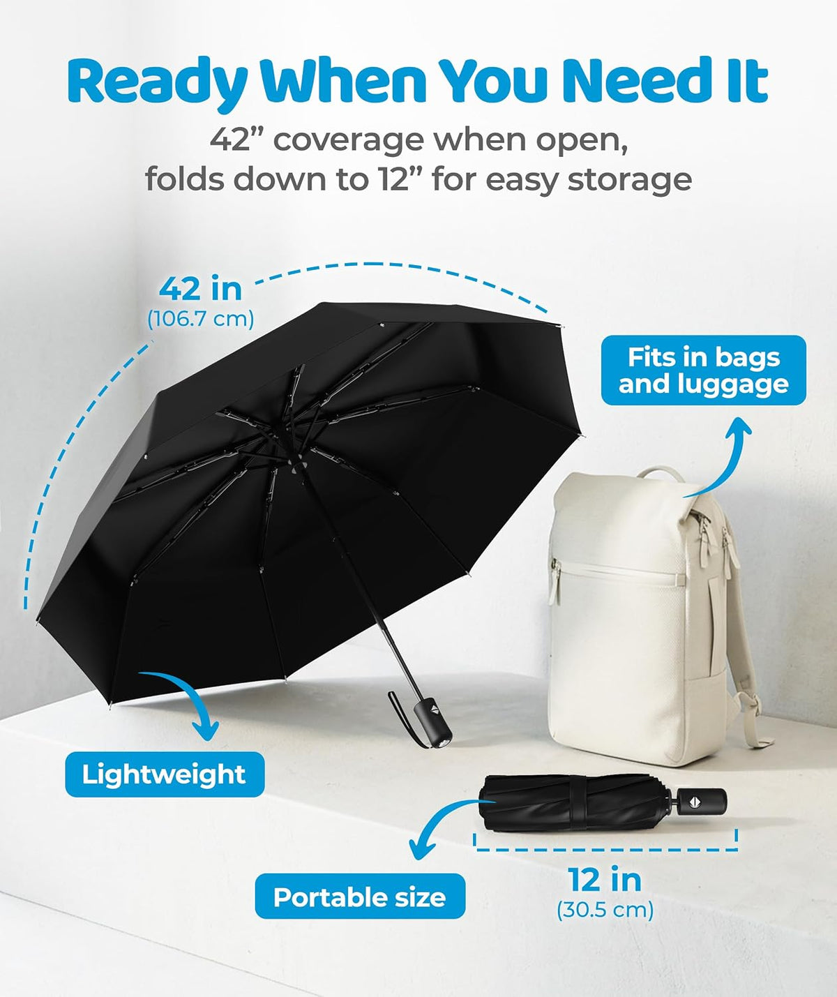 Rain-Mate Windproof Compact Umbrellas for Rain - Strong Reinforced Fiberglass Rib Design & Auto Open & Close - Portable Folding Travel Umbrella - Lightweight & Packable for Women & Men, Easy Collapse