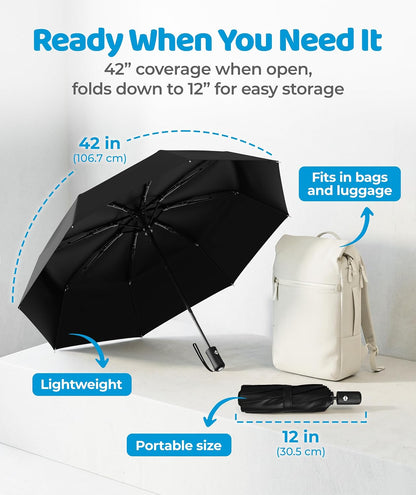 Rain-Mate Windproof Compact Umbrellas for Rain - Strong Reinforced Fiberglass Rib Design & Auto Open & Close - Portable Folding Travel Umbrella - Lightweight & Packable for Women & Men, Easy Collapse