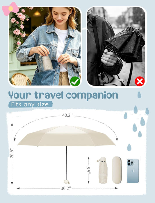 Jorilis Mini Compact Travel Umbrella with Case, Pocket Size UV Sun & Rain