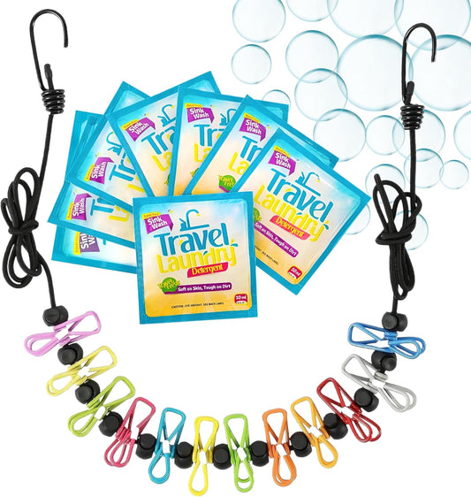 Travel Laundry Detergent 8 Pack with Clothesline, 12 Clips, Portable Kit