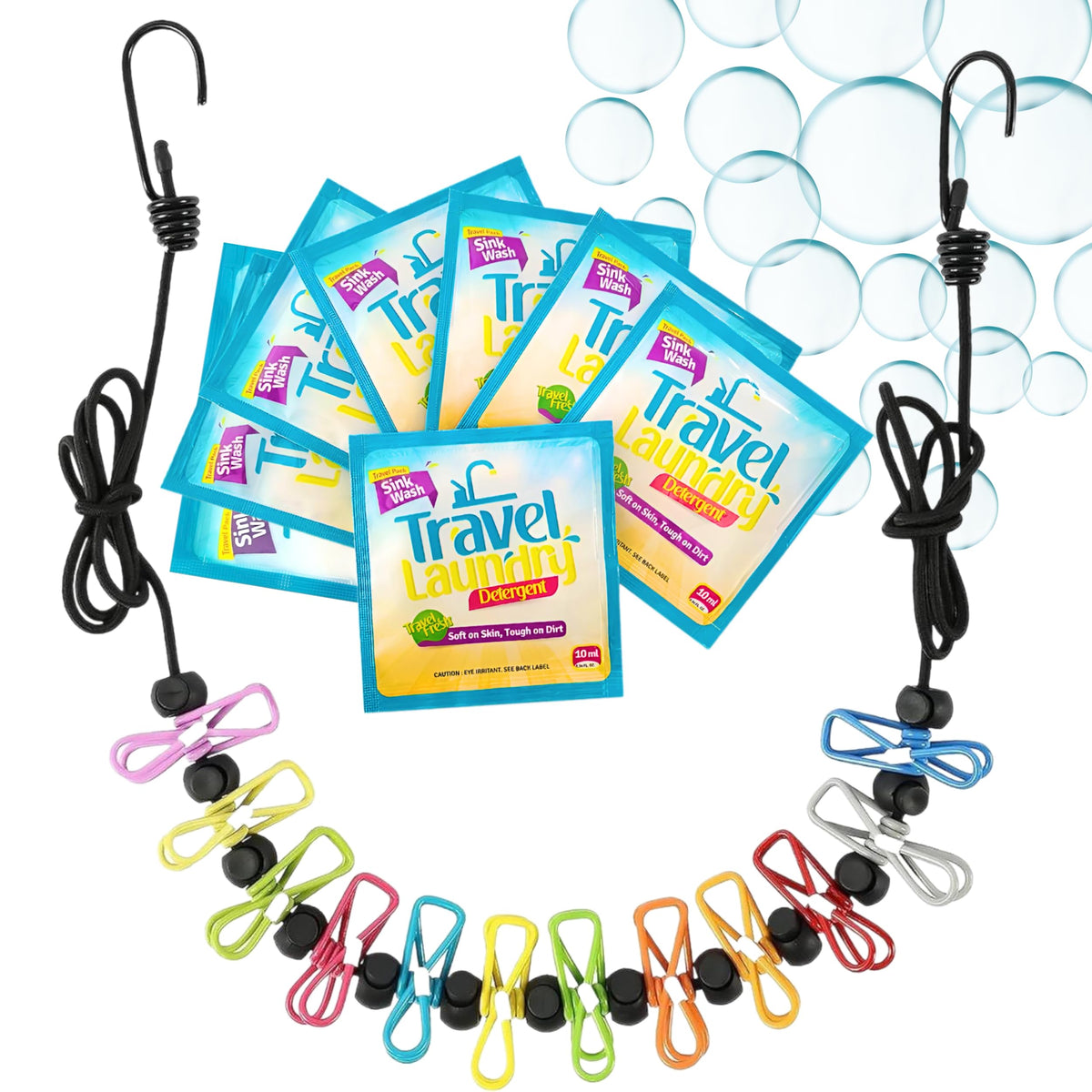 Travel Laundry Detergent 8 Pack with Clothesline, 12 Clips, Portable Kit