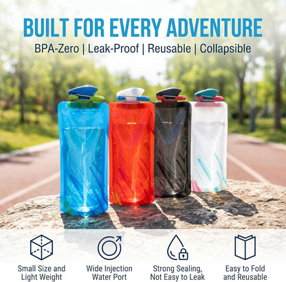 Jinora 4 Pack Collapsible Water Bottles for Travel – 20oz Foldable Water Bottle with Carabiner,Leakproof BPA-Free Water Jup, Portable Reusable Water Bottle for Hiking,Sports,Camping,Biking