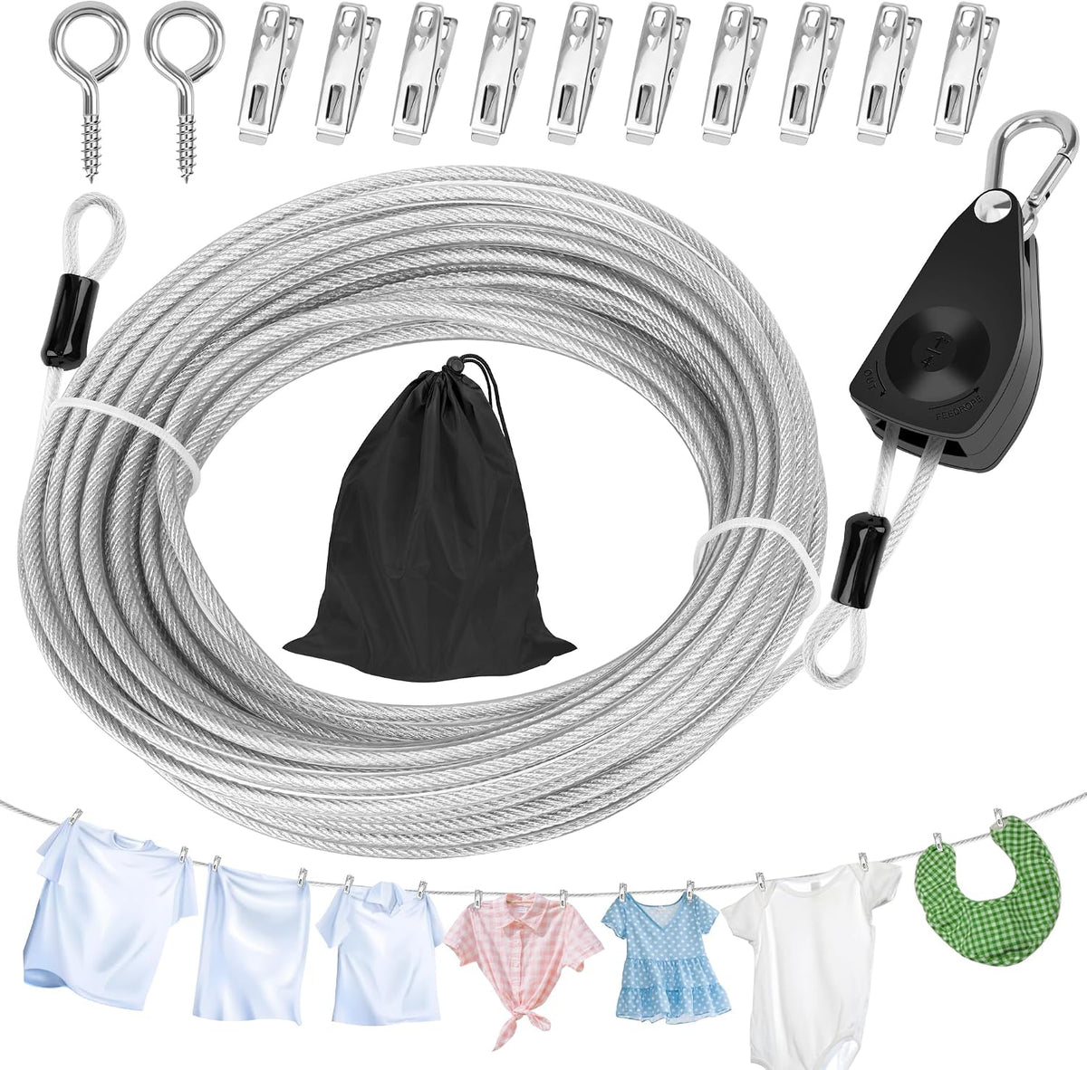 Windspeed Retractable Clothesline Outdoor Heavy Duty Travel Clothesline Retractable Clothes Line for Outside Travel Camping Cloth Line, Galvanized Steel Material, and 10 Clips, Storage Bag