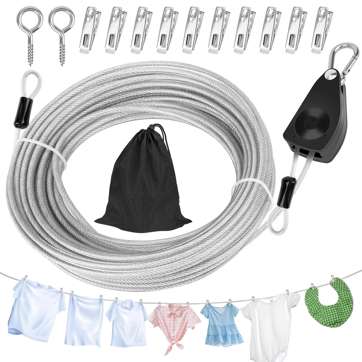 Windspeed Retractable Clothesline Outdoor Heavy Duty Travel Clothesline Retractable Clothes Line for Outside Travel Camping Cloth Line, Galvanized Steel Material, and 10 Clips, Storage Bag