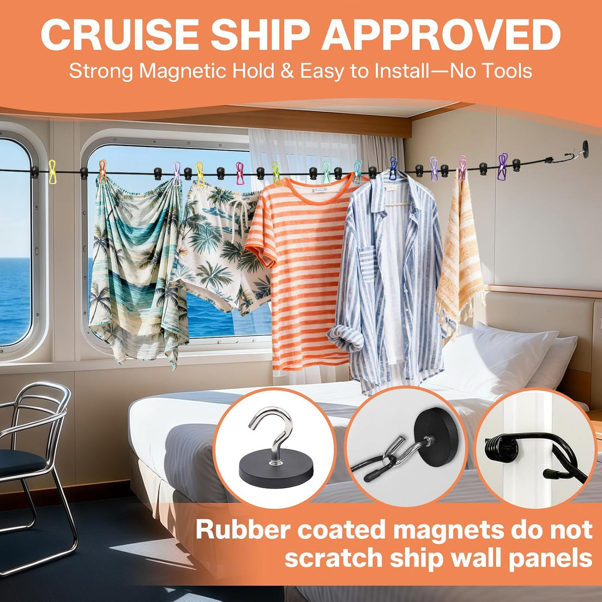 Esoes Magnetic Clothesline for Cruise Ship - 2027 Updated Stronger Magnets