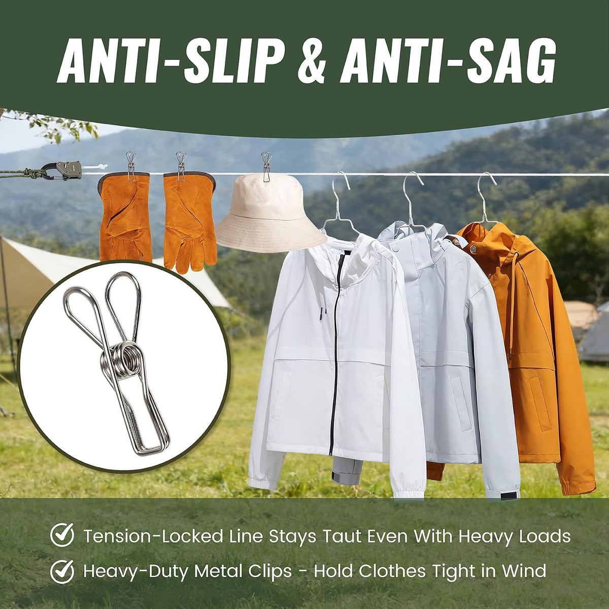 Vigorport Retractable Clothes Line Outdoors with Rope Self-Locking Pulley
