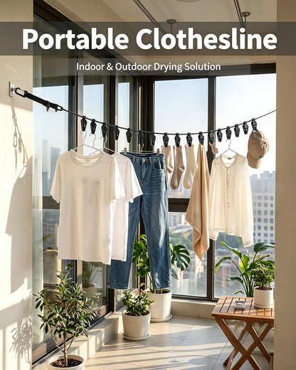 Retractable Portable Travel Clothesline with 16 Clips,Storage Pouch