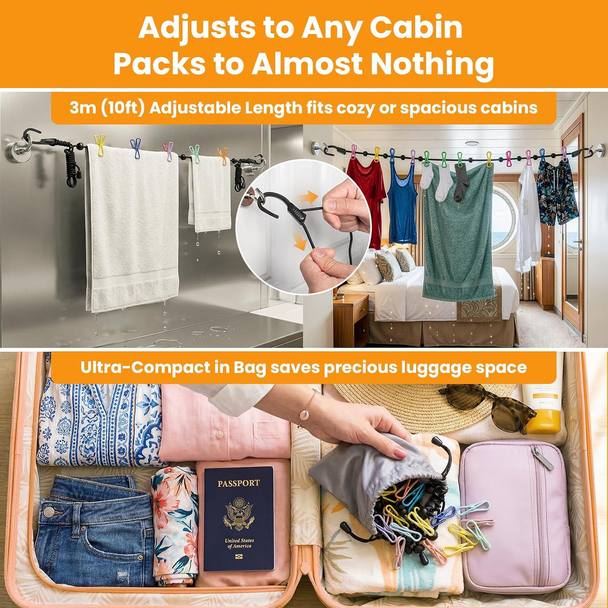 No-Sag Cruise Clothesline,Cruise Essential 2026,6PCS Magnetic Hooks 32/20mm