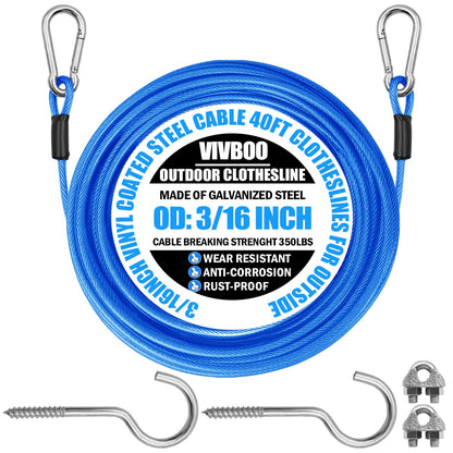 Clothes Line Outdoors 40ft Retractable with Hooks