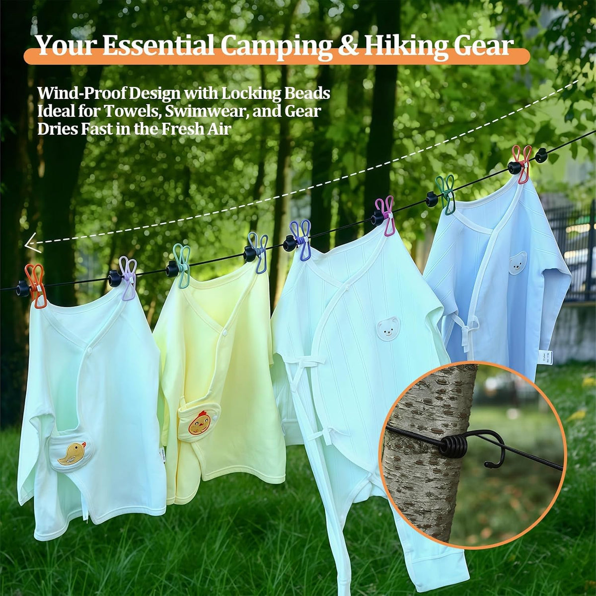 Travel Clothesline Retractable Portable Clothesline with 12 Clips Portable Elastic Camping Clothes Line with Anti-Slip Beads & Stainless Hooks for Hotel, RV, Boat, Outdoor Use (2 Pack)