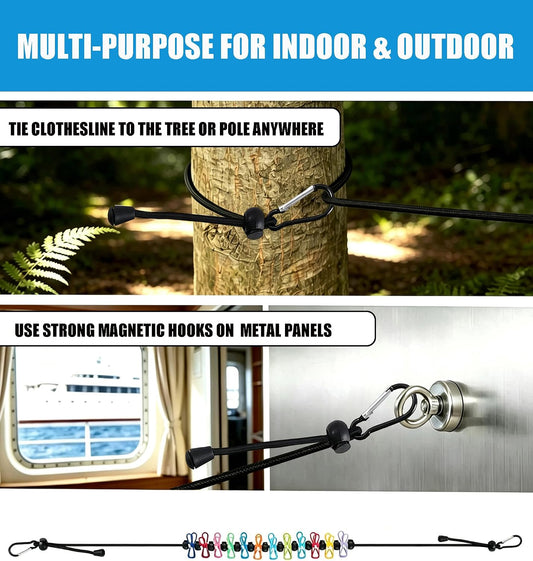 Portablel Clothesline Retractable Clothesline,Clothesline Outdoor & Indoor Laundry Line Windproof Washing Line with Anti-Skid 12pcs Clothespins Black
