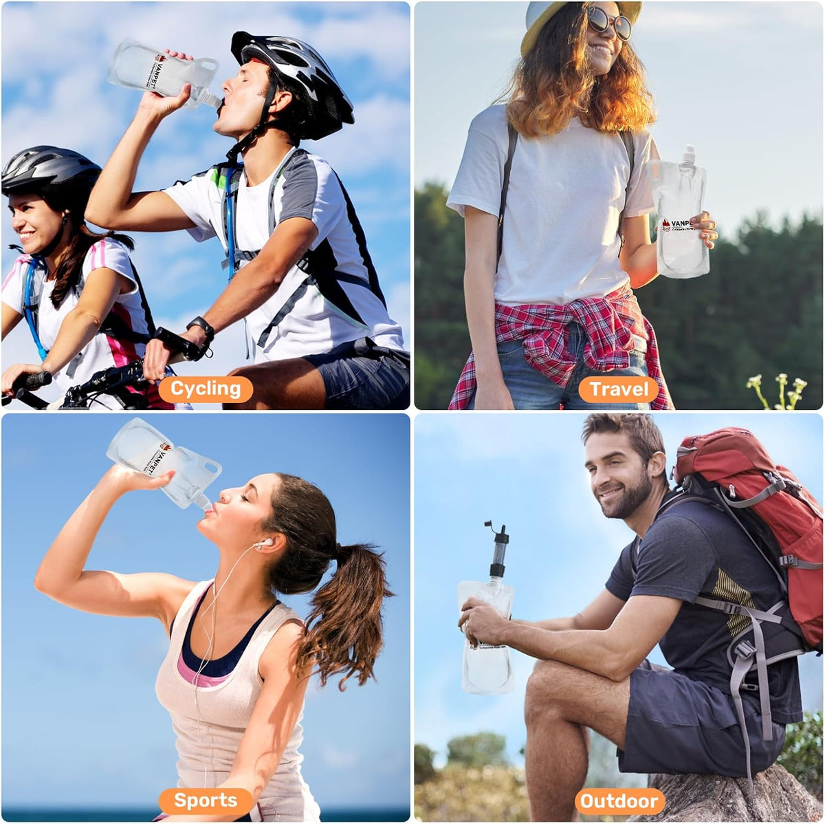 VANPET 1L Hiking Collapsible Water Bottles, 33OZ BPA-Free Plastic Flasks, Reusable Drink Bags, Foldable Backpacking Water Bottle for Travel Camping Hiking (4-Pack)
