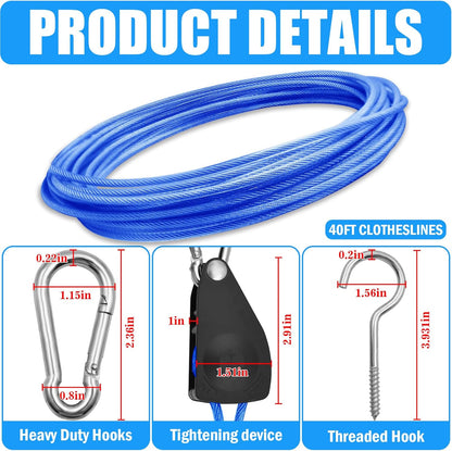 Clothes Line Outdoors 40ft Retractable with Hooks