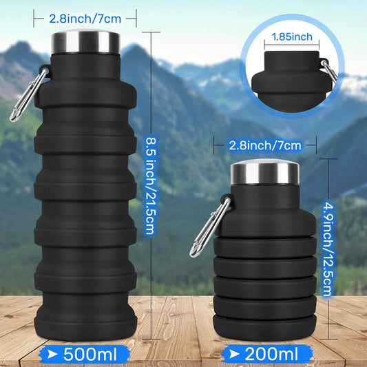 Collapsible Water Bottle, 16oz Portable Reusable Silicone Water Bottle with Carabiner for Gym, Travel, Camping, Hiking, Sports, Lightweight, BPA-Free, Leak-Proof, Foldable Design, Black