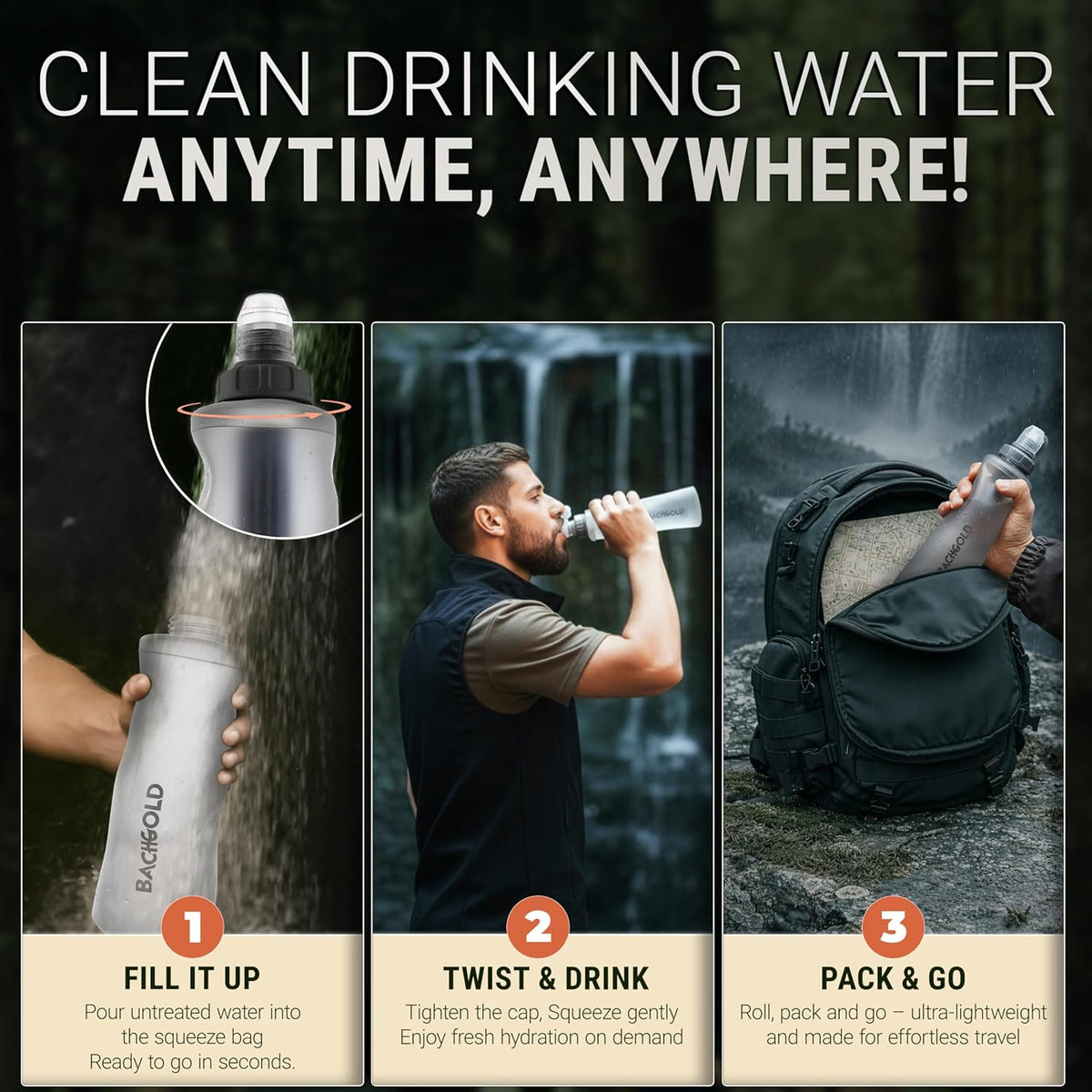 Bachgold Squeeze Filtered Water Bottle, Collapsible Portable Camping Filter