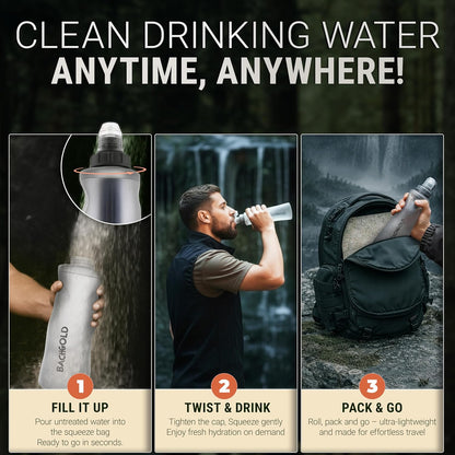 Bachgold Squeeze Filtered Water Bottle, Collapsible Portable Camping Filter