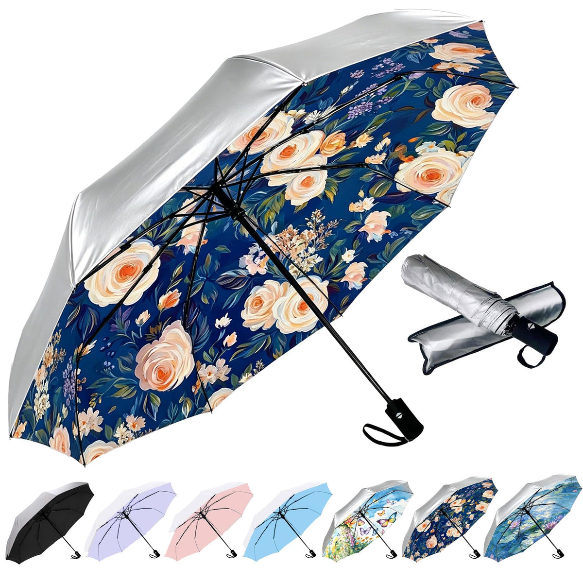 SIEPASA Compact Travel Umbrella - Windproof Auto Open/Close, Small Folding Umbrella for Rain - Lightweight & Durable with Fiberglass Frame, Waterproof Canopy - Fits Backpack, Purse, Suitcase. (Black)