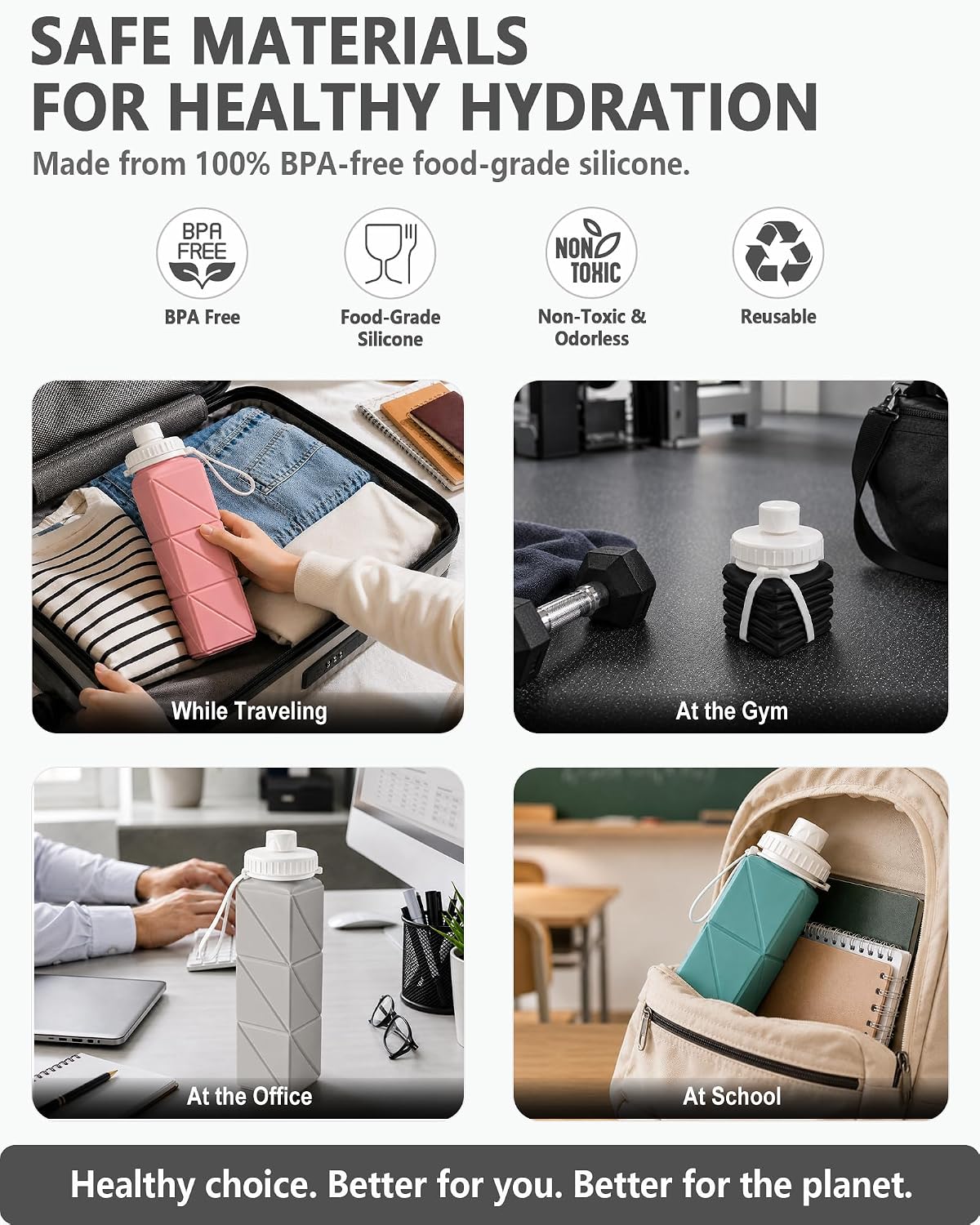 BEAUTAIL Collapsible Water Bottles 21oz/610mL, Silicone Travel Water Bottle