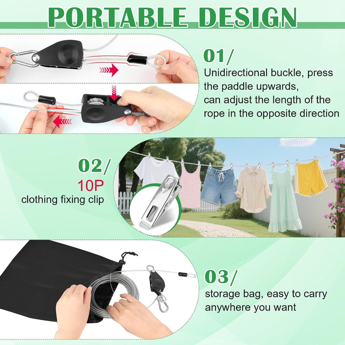 Windspeed Retractable Clothesline Outdoor Heavy Duty Travel Clothesline Retractable Clothes Line for Outside Travel Camping Cloth Line, Galvanized Steel Material, and 10 Clips, Storage Bag