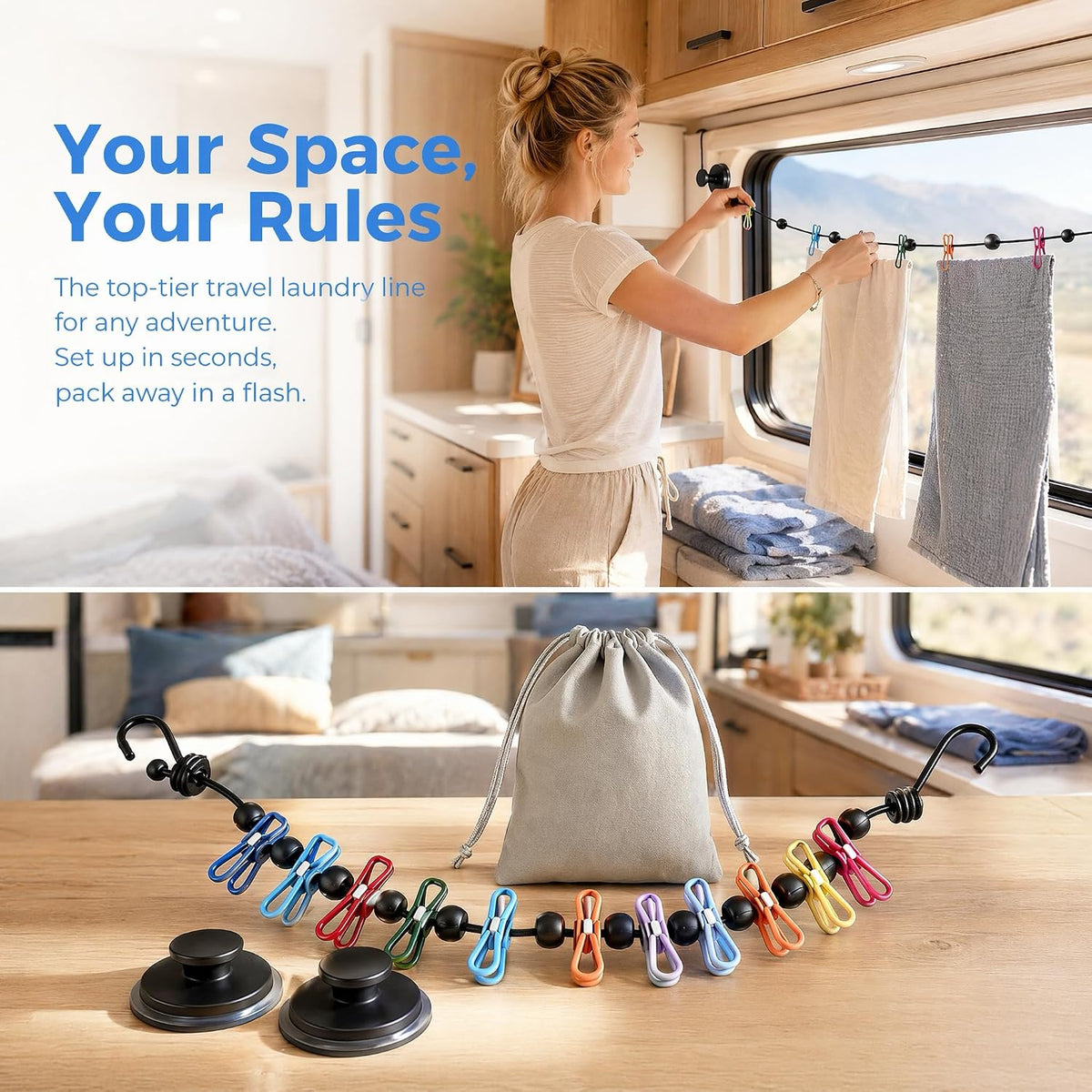 Portable Travel Clothesline, 5.9 Ft/1.8 m Clothes Line with 12 Clothes Clips, 13 Anti-Slip Buckles and 2 Suction Cup Hooks for Indoor and Outdoor Laundry Drying, Camping, RV, Hotel Bullet Points