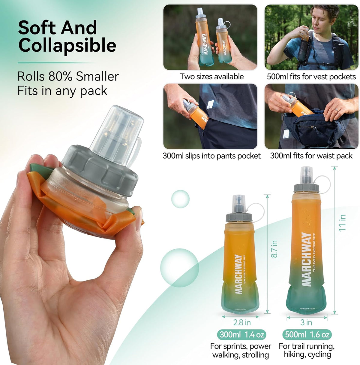 MARCHWAY Soft Flask Collapsible Water Bottle with Wide Mouth, 300ml/500ml