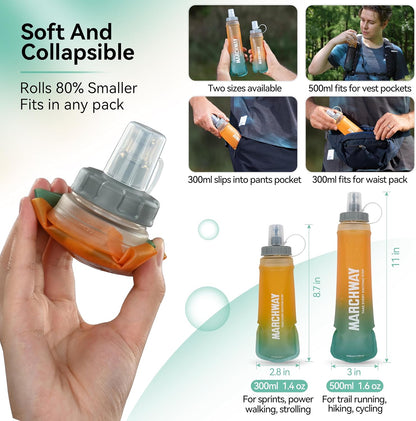 MARCHWAY Soft Flask Collapsible Water Bottle with Wide Mouth, 300ml/500ml