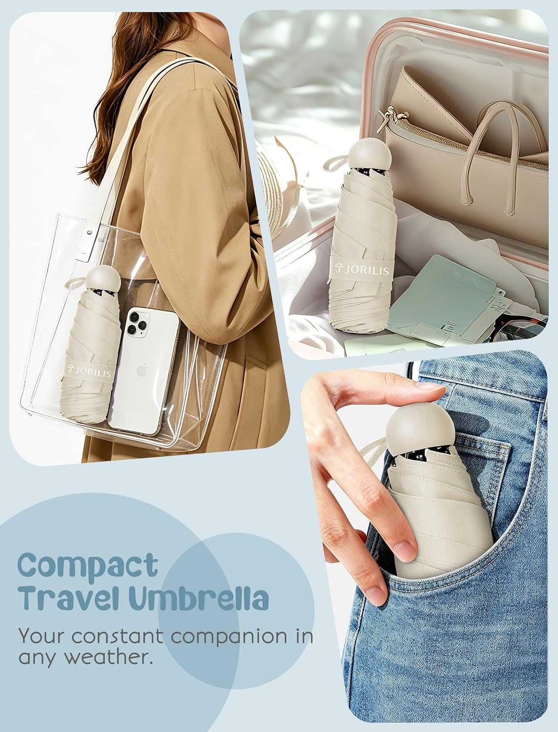 Jorilis Mini Compact Travel Umbrella with Case, Pocket Size UV Sun & Rain