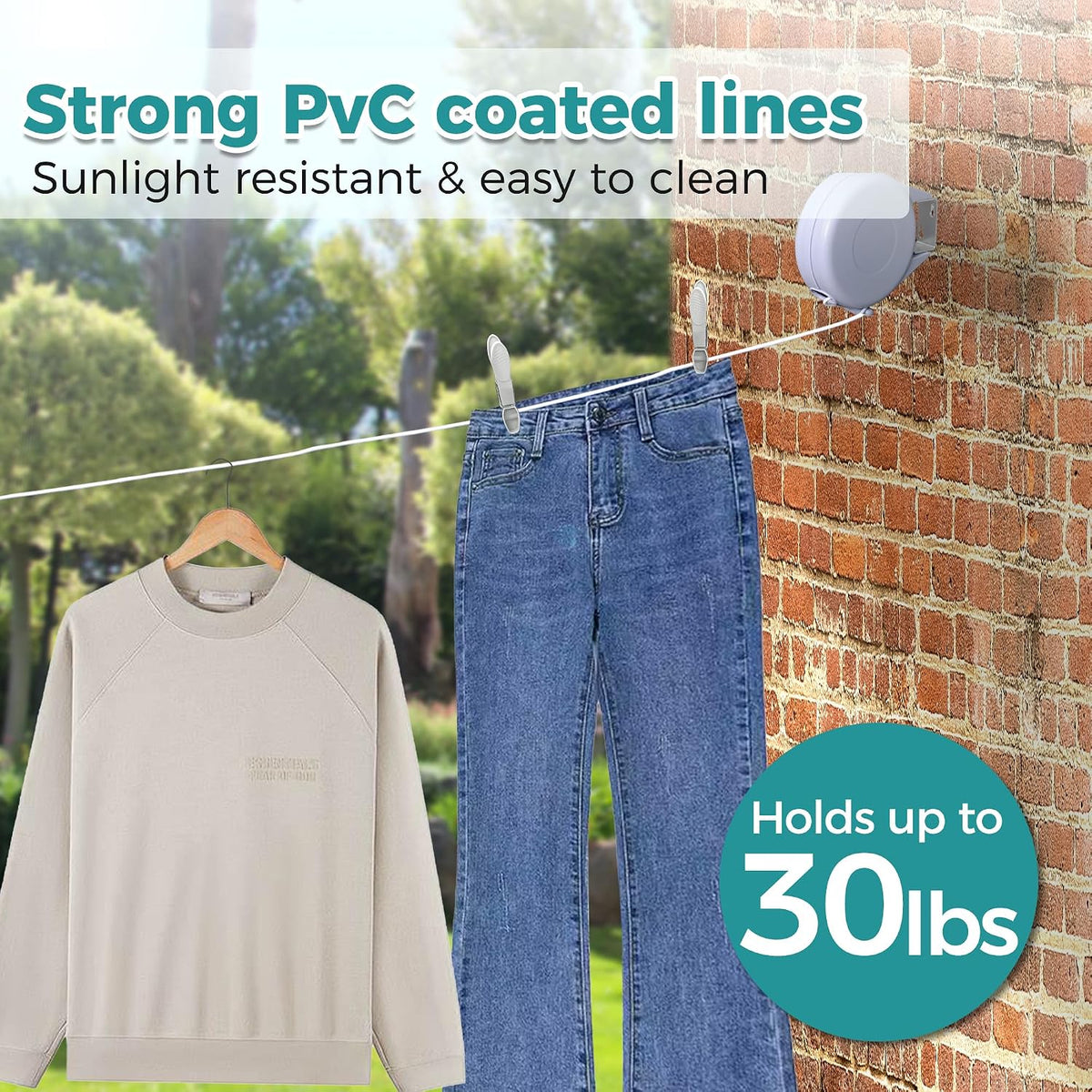 Retractable Clothesline 49FT, Heavy Duty Wall Mounted Laundry Line for Indoor Outdoor Drying, Portable PVC Clothes Line with Lock Button for Bathroom, Balcony, Patio, Camping & Travel
