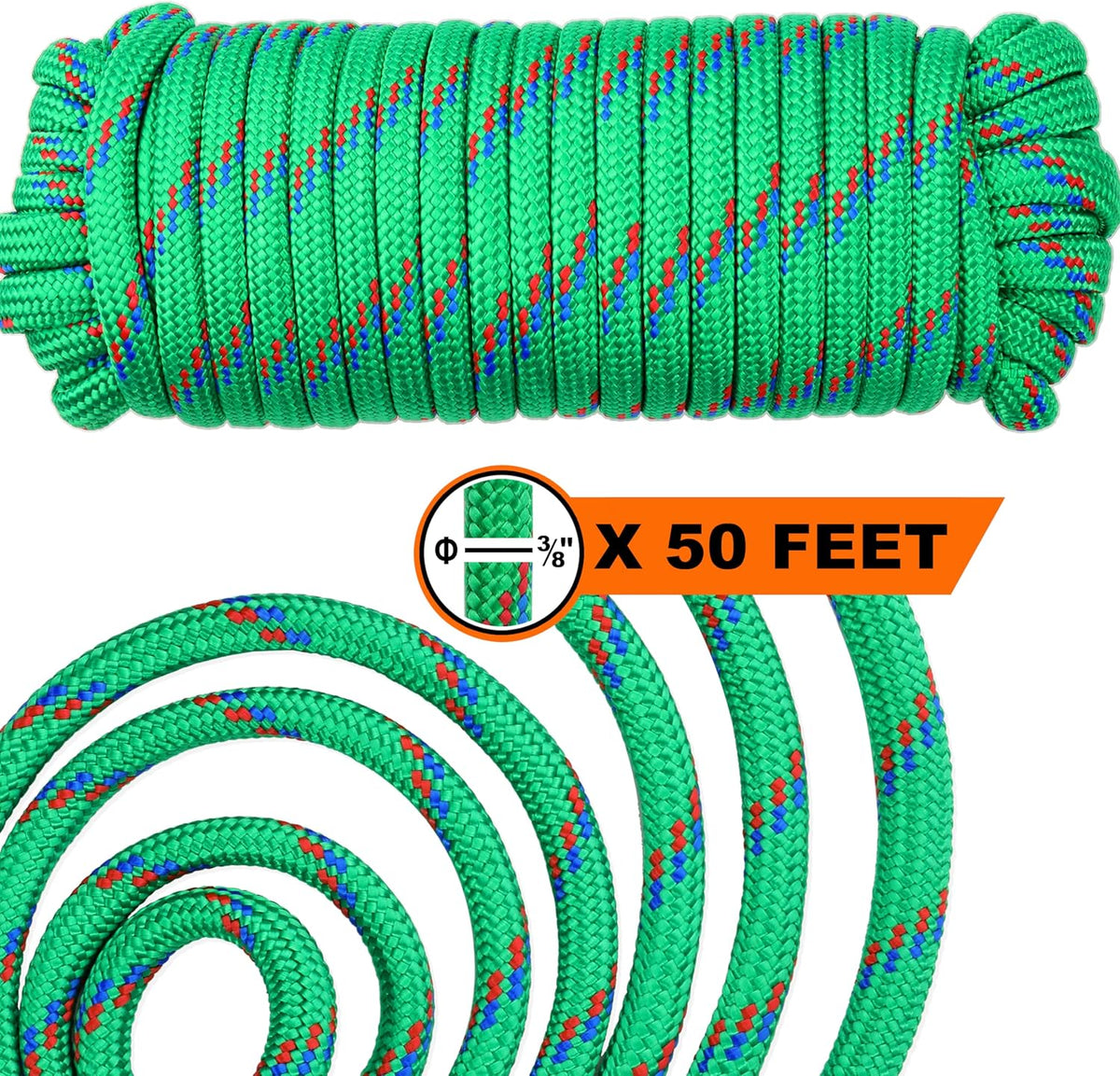 Wellmax 3/8 Nylon Rope, 50ft Diamond Braid, Green